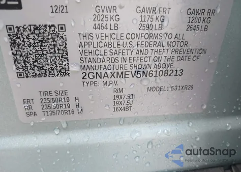 2022 Chevrolet Equinox Fwd Rs from USA, damaged, VIN 2GNAXMEV5N6108213